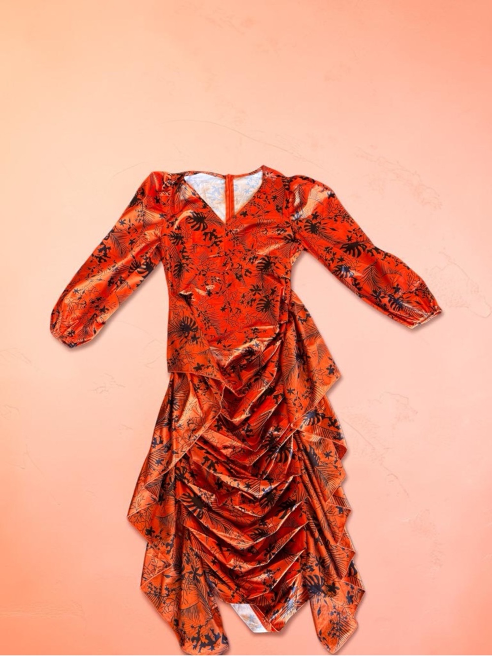 Women’s Orange Floral Ruched Midi Dress